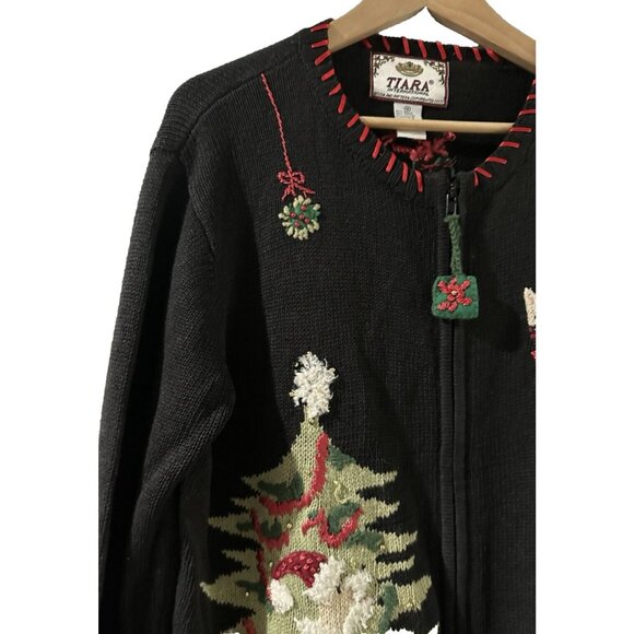 Tiara Int. Women ugly Christmas kitty cat Sweater Black Full Zip VTG sz M - Picture 4 of 16